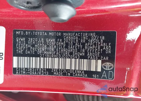 2018 Toyota Corolla Le z USA, uszkodzony, nr VIN 2T1BURHE0JC070543